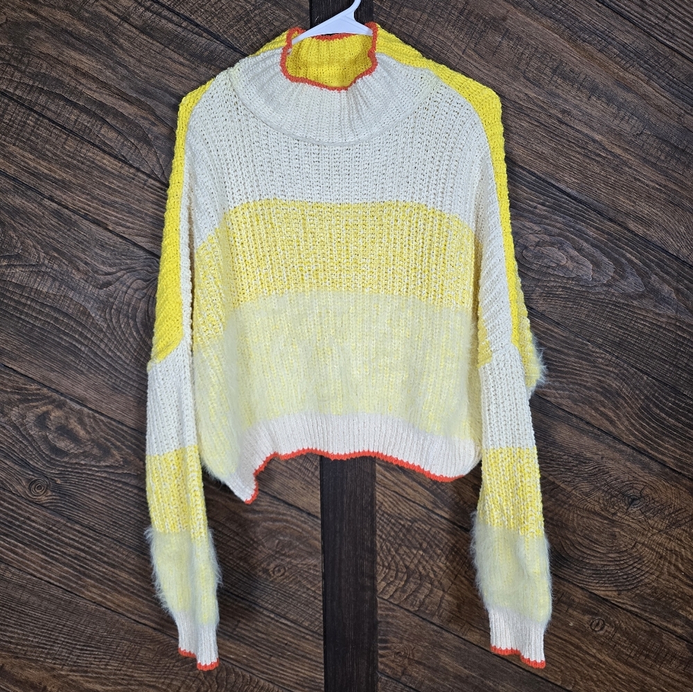 Free People Cream & Yellow Striped Cropped Turtleneck Sweater with Orange Trim S